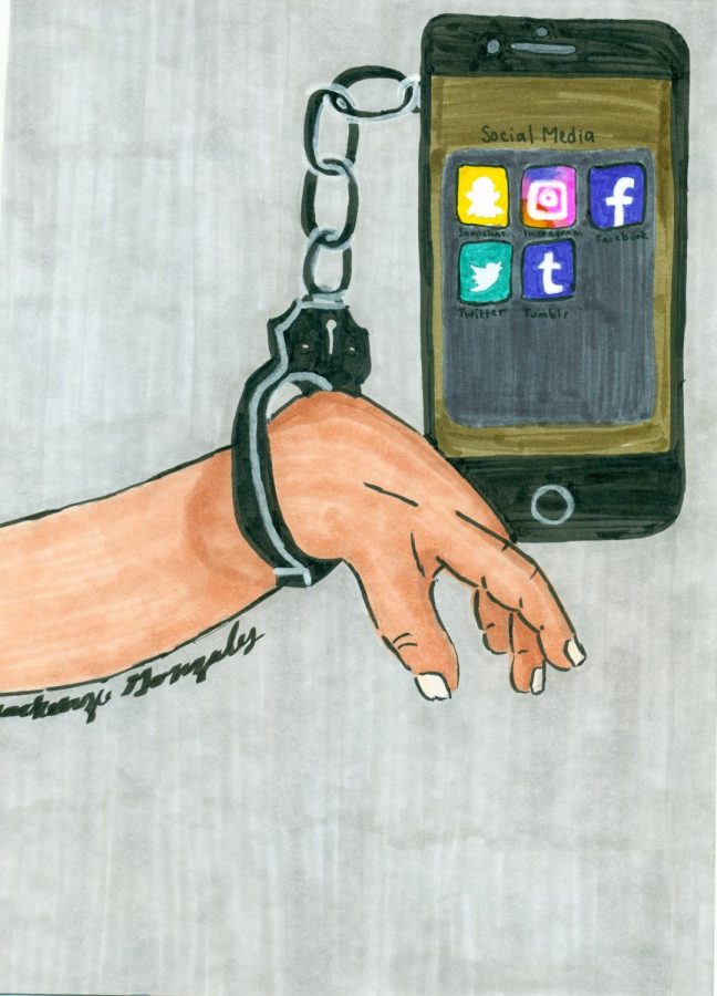 hand handcuffed to a smartphone with a broken chain, release from social  media addiction,, digital technology icon hand drawn vector illustration  Stock Vector Image & Art - Alamy