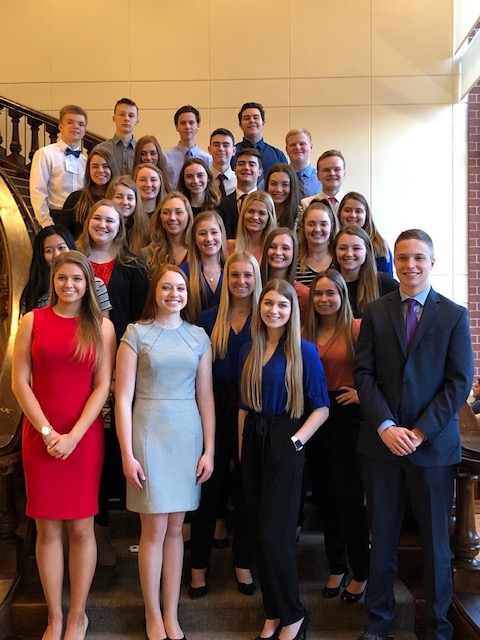 DECA students take their annual staircase photo during State DECA