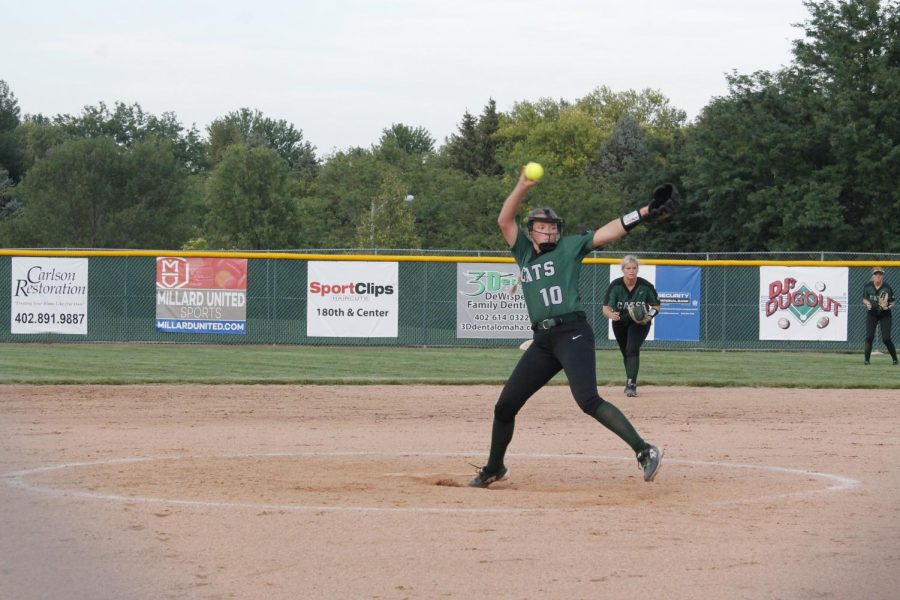 Junior Jayda VanAckeren winds up to pitch against Papio South. 