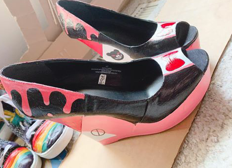 A colorful, one of a kind pair of wedges painted by Emily (Adrien) 