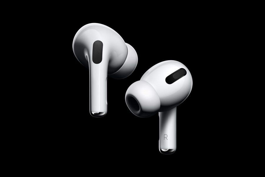 This is the new design of the Apple Airpod Pros. This picture shows many of the features including the silicone tips and force sensor along with some other external features.