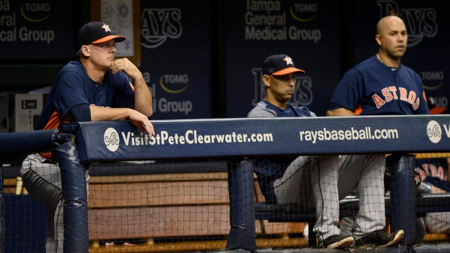 Astros+manager+AJ+Hinch+%28Left%29+and+general+manager+Jeff+Luhnow+%28not+pictured%29+were+suspended+without+pay+for+one+season.+Former+Astros+Bench+Coach+Alex+Cora+%28Center%29+lost+his+job+as+Manager+of+the+Red+Sox%2C+and+Carlos+Beltran+%28Right%29+parted+ways+with+the+Mets.+All+of+this+is+fallout+from+MLBs+ongoing+investigation+on+illegal+sign+stealing.