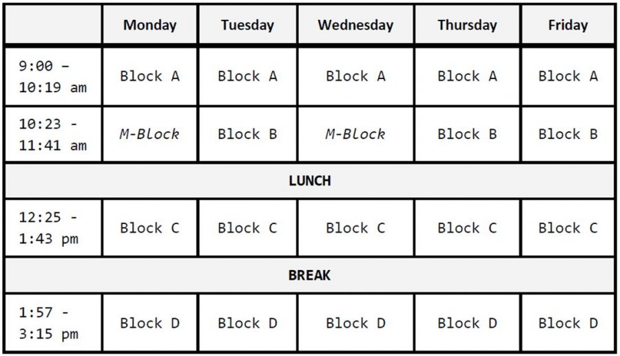 This image is an example of a four by four block schedule. A schedule like this is much more organized and efficient for students.
