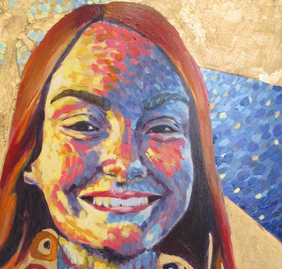 Junior Delaney Aikins’s painting titled “Barney” earned a Gold Key. Because of this, the piece will be entered into a competition in New York City. “For the portrait we were supposed to use acrylic paints and then I went to Hobby Lobby and got gold foil,” Aikins said. “I wanted to mess with the foil and that’s where the latter in her shawl came from.” 
