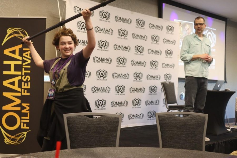 During Off Academy, Kevin Keplar (right) is teaching a student to work a boom mic during the “Foley, Can you guess that sound” panel.
