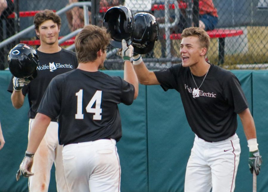 Former Millard West baseball player and current Nebraska freshman Max Anderson and senior Corbin Hawkins celebrate a home run hit by Anderson in a 6-3 win against Westside in the second round of the metro tournament. Millard West won this game, but ended up losing round 2 of the Metro tournament. “My favorite game was when we beat Westside at the end of the year,” head baseball coach Steve Frey said. “They were the most talented team we played this past summer and it was well pitched by Jaxson Cahoy and we played our most complete game of the summer.”