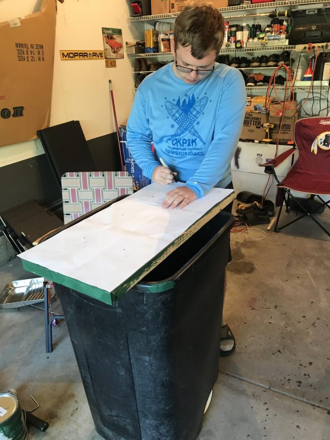 Heffner measures out the shelves for one of the seven newspaper stands. The process was challenging, yet rewarding in several ways. “My favorite part was getting to work with my friends and fellow Scouts on a project that would benefit the school,” Heffner said. “Being in charge of a group of young Scouts on a 110 hour project that could make or break my scouting career was very stressful, but I just had to keep moving forward and not look back.”