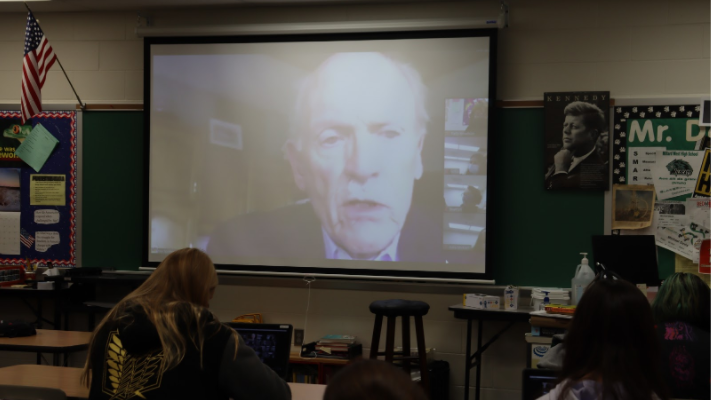 Mike Spinharney, a Vietnam War veteran, visits Honors English 10 students, via zoom, to share his experiences during his time serving. “My favorite story he told was when he said there were hippy-like people not letting him through the gate when he returned home from Vietnam,” sophomore Kyle Lorimer said. “So he swung his duffle-bag around like a baseball bat and knocked them over.”
