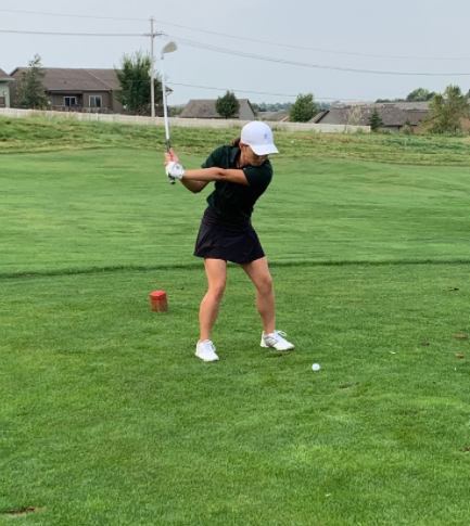 Sophomore Olivia Gurley is at the Duchesne invite with a tee shot on hole 6. Gurley joined the gold team Freshman year but has been golfing for a part of her life, and she was able to make it to a varsity tournament as a sophomore. “The experience was amazing and well worth it,  Gurley said. “This will be more of what I look forward to as I try to make Varsity next season.”
