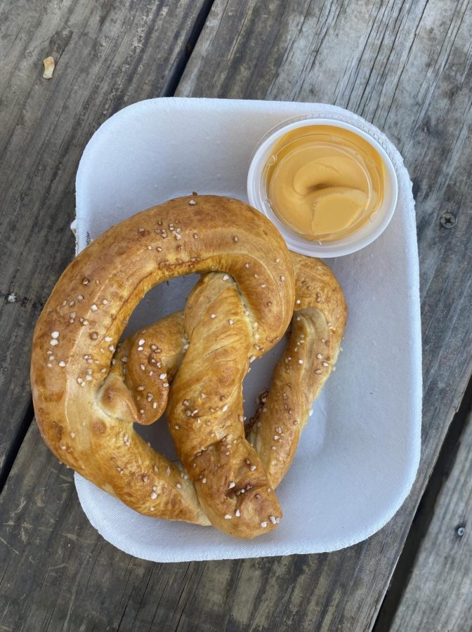 This is a soft pretzel from Jack’s Pretzel Shack. The pretzels were a new addition to the Vala’s Pumpkin Patch menu this year, and have been very popular. The cheese came in a small container with all the soft pretzel orders. 