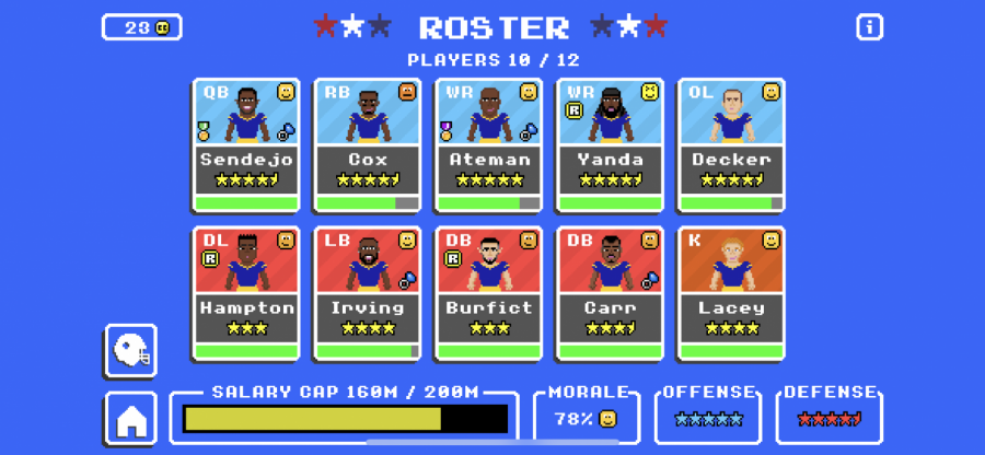 This is my roster in the game. There is on the top left a 23 and a coin icon. These are “coaching credits”, the games currency and you can earn by progressing in the game or paying money. The yellow bar is your cap space. That is how much money you can spend on players, a feature separate from CCs. The bottom shows your teams overall and its morale levels, and the green bar under the players shows their health. The little icon by a player shows their awards on your team, and the background is what side of the ball they play. Blue for offense, red for defense and orange for special teams