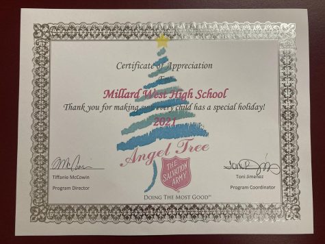 Director Tiffanie McCowin and Coordinator Toni Jimenez of the Salvation Army Angel Tree Program awarded this certificate of appreciation to Millard West to show their appreciation.