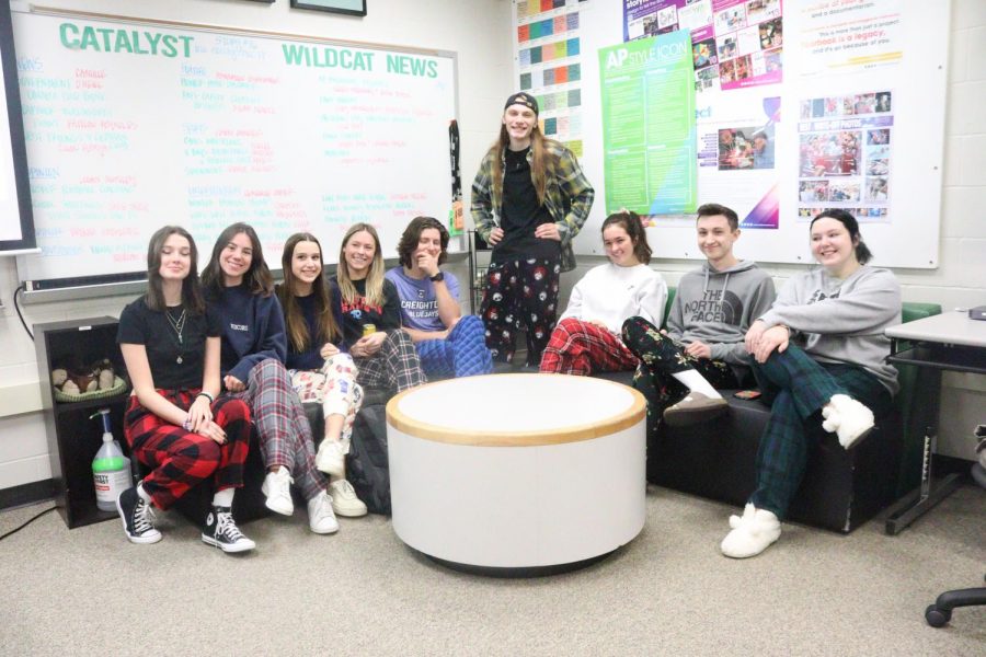 The journalism staff gets cozy in their pajamas for holiday spirit week.