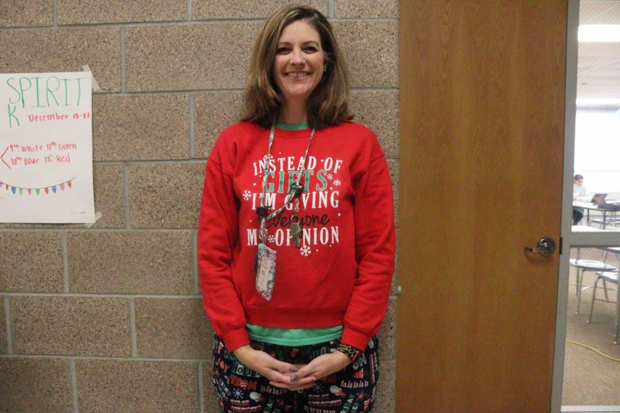 Speech pathologist Stacey Kozisek joining in on the holiday fun of spirit week by wearing pajamas for holiday pajama day.