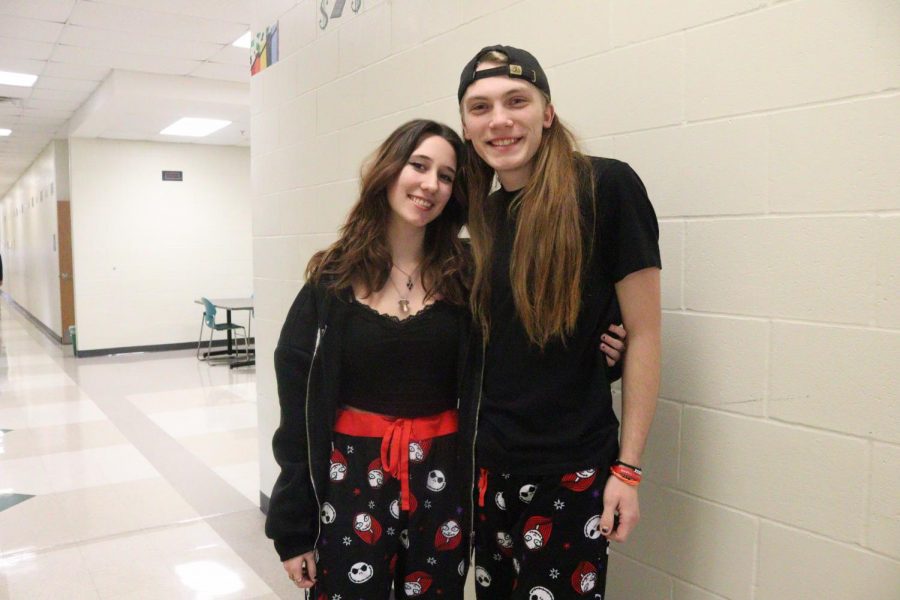 Senior Nolan Nemitz and junior Anabella Bulfon wear matching Nightmare Before Christmas pajamas together.