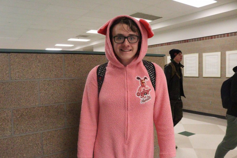 Junior Cameron MCcubbins wearing his pink bunny costume from the hit movie A Christmas Story.