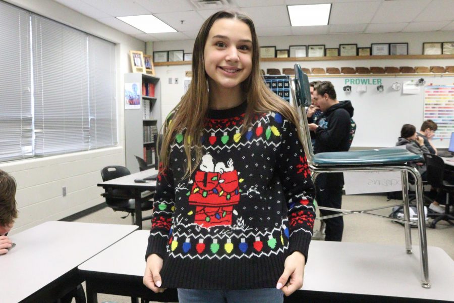 Sophmore and staff reporter Olivia Ray in her Sweater for ugly Christmas sweater day.