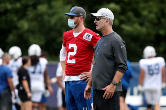 Colts quarterback Carson Wentz (2, left) is one of nine Indianapolis Colts players to test positive for the virus. With his unvaccinated status, he must test regularly, and wear a mask at all times. For Colts coach Frank Reich (right), he does not have to follow the same guidelines, as he is vaccinated.