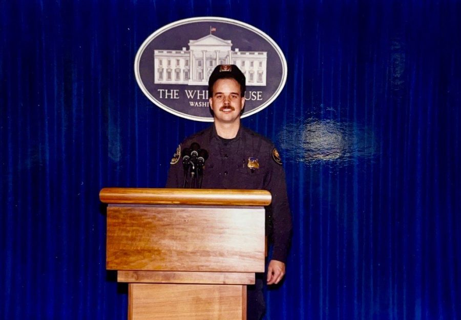 Security Guard Steve Haw poses in the press room at the White House during his time in the Secret Service.
