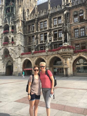 German teachers Andrea Turner and Wendy Langer in front of the Rathaus in Munich, Germany.
