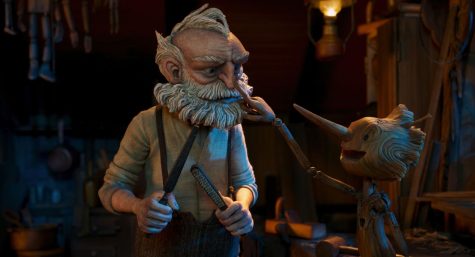 Gepetto (voiced by David Bradley) and Pinocchio (Gregory Mann) in Guillermo del Toros Pinocchio.
