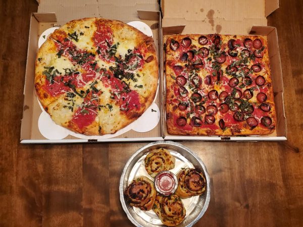 Willamsburg’s colorful Margherita, Cup & Char Grandma, and Garlic Knots.
