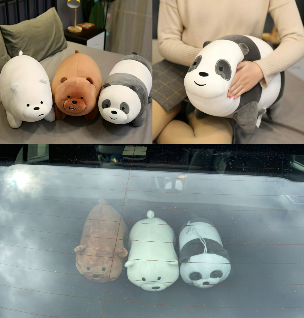 From the photos, I would expect each stuffed bear to be bigger than a car seat headrest. The product I got did arrive within 10 days. However, the bears that came were of poor quality with misprints on their faces. The panda came with a suction holder for some reason. This is definitely not what was advertised. If I had to rate this product I would give it a ⅖ because it actually arrived on time and was $9 total. 
