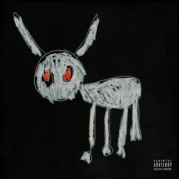 The album cover for For All The Dogs by Drake features a simple yet endearing drawing of a white dog with red-orange eyes, which was created by his 5-year-old son, Adonis. Drake shared this artwork with his fans on Instagram, sparking a warm reception. It not only encapsulates the albums title but also showcases a personal touch from his son.