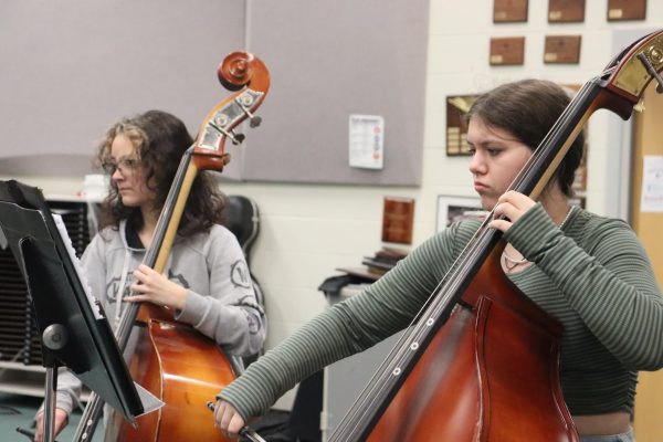 Sophomore Jesse Hawkins (left) and senior Josie Watkies (right) rehearse on their basses in orchestra.