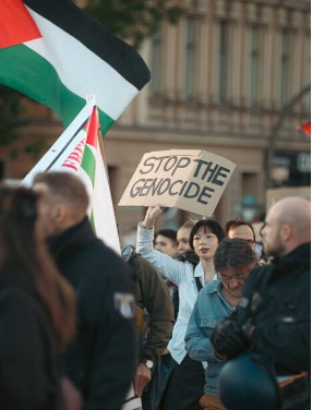 A young woman protests in the streets with a sign that reads STOP THE GENOCIDE. She is flanked by other protesters waving the Palestine flag.