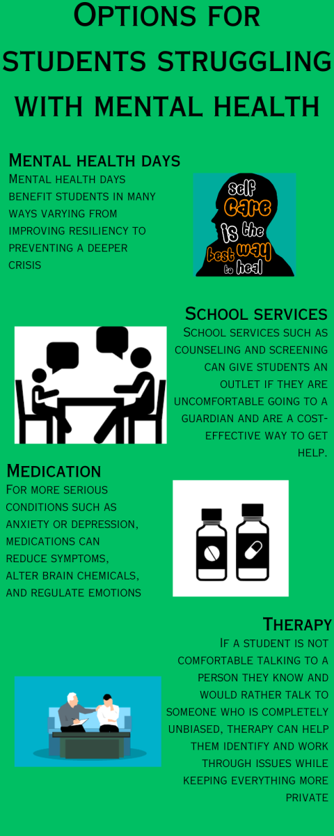 There are many options for students struggling with mental health such as mental health days, school services, medications, and therapy. 

