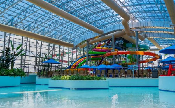 A view of the water slides at Epic Waters in Grand Prairie, Texas.