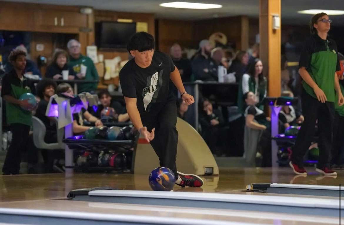 Senior Luke Wu getting ready to bowl another strike to help his team prevail over Benson. “This season was very fun,” Wu said. “I got to bowl with a good amount of my friends and also made some new friends.” 
