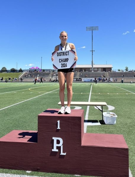 Standing high at the top of the podium after winning Districts, sophomore McKenna Kleppinger is named district champ and punches her ticket to the state tournament. She would end up beating her own school record jumping 11’6”. “One of my big goals this season is to place individually at state this year and my senior year as well,” Kleppinger said. “Additionally, I hope for our team to be in the top two at state this year.”