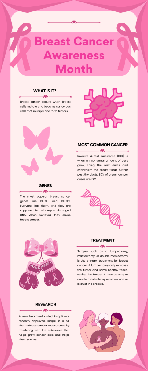 October is Breast Cancer Awareness month, so it is important to know some basic things about breast cancer such as what it is, the most common breast cancer, the genes that can cause it, treatment, and new research for it. 