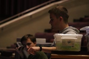 Juniors Issac Cotrell and Will Maddox work on choosing which sound effects would be heard best over both the orchestra and the actors' singing. “I ran the soundboard which included running the microphones for the leads,” Cotrell said. “Turning them on and off and adjusting their volumes if I needed to.” They used websites like Soundtrap to make a lot of the battle scenes or Zapsplat for other ones like rain.