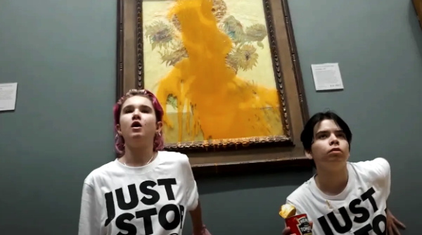 Just before a second attack on other paintings, two unnamed protesters threw tomato soup onto the “Sunflowers” by Van Gogh and kneeled in front of it, refusing to move. The two are part of the Just Stop Oil movement,  where members frequently vandalize art. They reason that "Art is part of our collective culture," adding, "We love our history and culture too much to just allow it all to be destroyed."