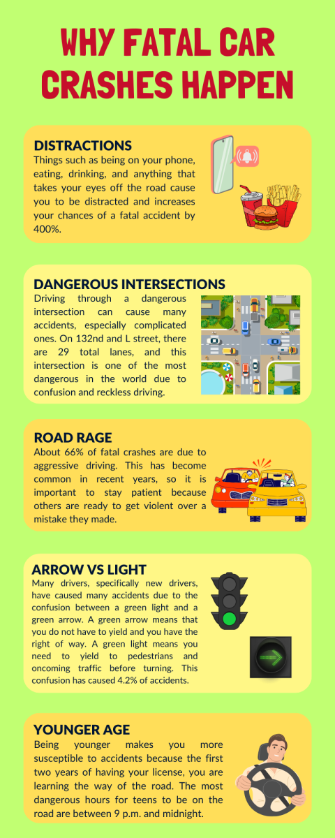 Fatal car crashes occur due to distractions, dangerous intersections, road rage, confusion between a green arrow versus green light, and younger age. 