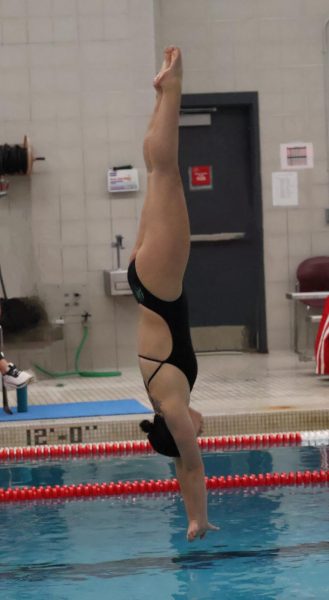As she jumps off the board, back straight and toes pointed, senior Celia Hodge braces for the impact from the water. Hodge broke numerous personal records, and won first place at almost every meet. "Some practices are hard, but I love the sport," Hodge said. "I love how tight of a community diving is. Everyone knows each other and the support from teammates and non teammates is amazing."