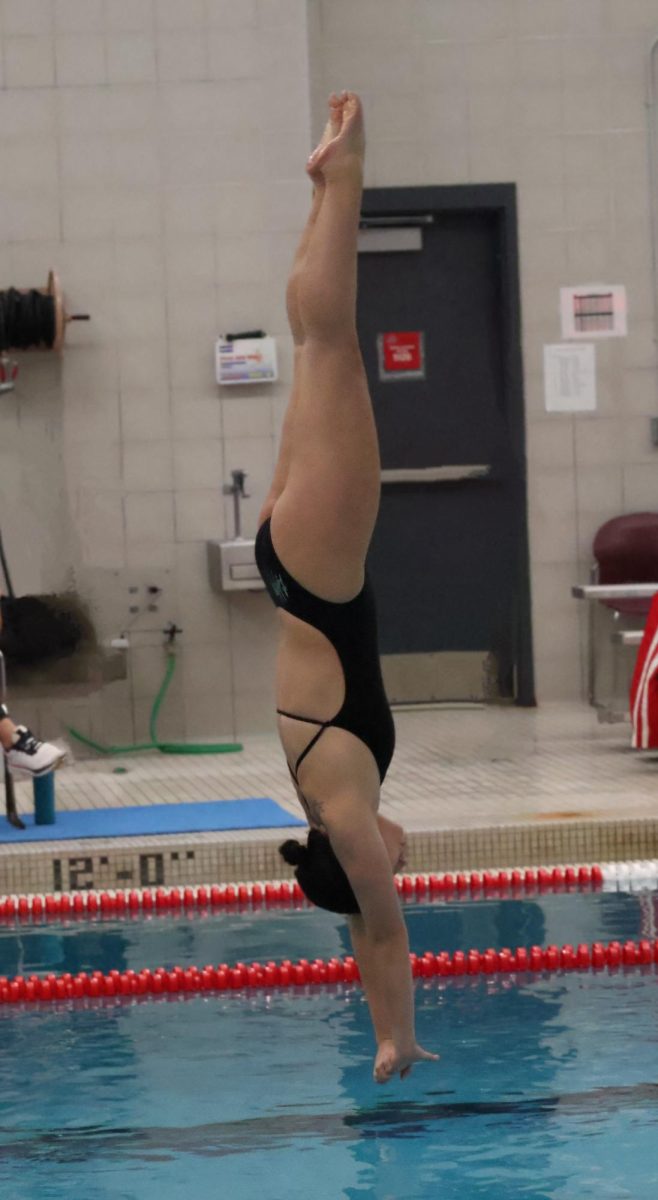 As she jumps off the board, back straight and toes pointed, senior Celia Hodge braces for the impact from the water. Hodge broke numerous personal records, and won first place at almost every meet. "Some practices are hard, but I love the sport," Hodge said. "I love how tight of a community diving is. Everyone knows each other and the support from teammates and non teammates is amazing."